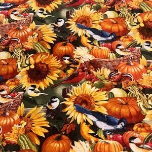 Fall PUMPKINS, SUNFLOWERS, BIRDS & CHIPMUNKS Handmade Cotton Pillowcase